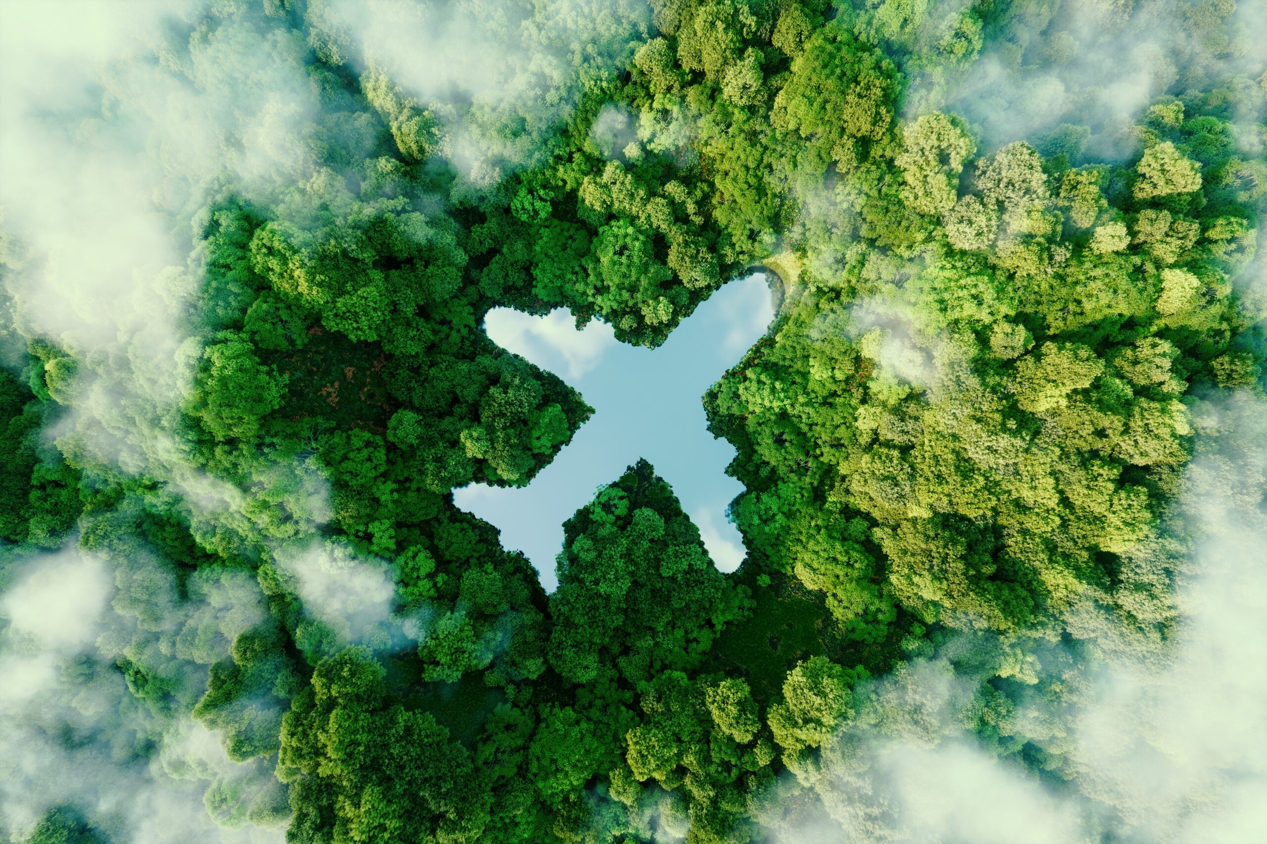 A lake in the shape of an airplane in the middle of untouched nature - a concept illustrating the ecology of air transport, travel and ecotourism. 3d rendering.